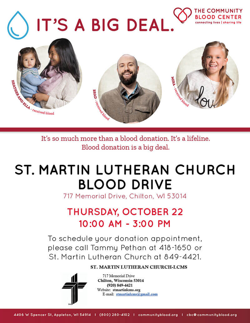 Community Blood Center blood drive October 22, 2020 at St. Martin Lutheran Church Chilton