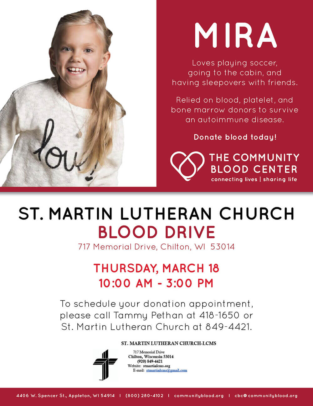 March 18, 2021 Blood Drive Community Blood Center St. Martin Lutheran Church, Chilton